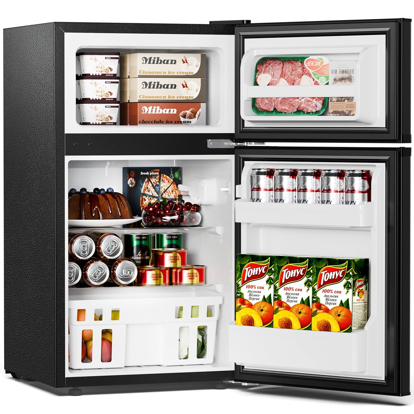 Antarctic Star Mini Compact Refrigerator, 3.2 Cu.Ft. Separate Freezer Double 2-Door Adjustable Removable Shelves for Apartment/Dorm/Office,BLACK