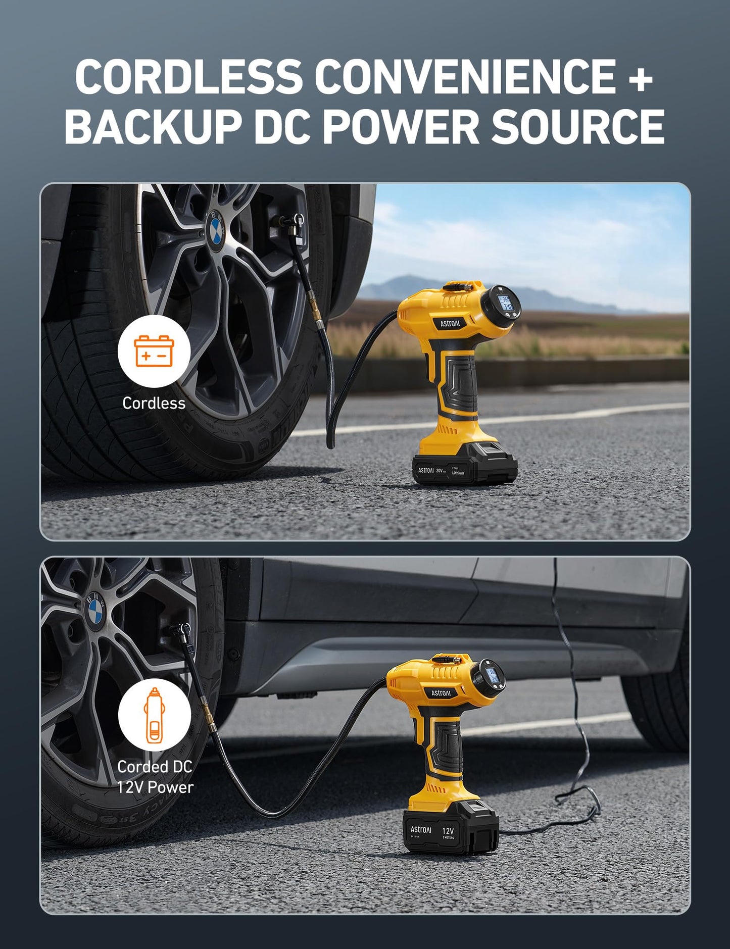 AstroAI Cordless Tire Inflator Air Compressor 20V Rechargeable Battery Powered 160PSI Portable Air Pump with 12V Car Power Adapter Digital Pressure Gauge for Cars Motorcycles JY16P160-18（C2）Yellow