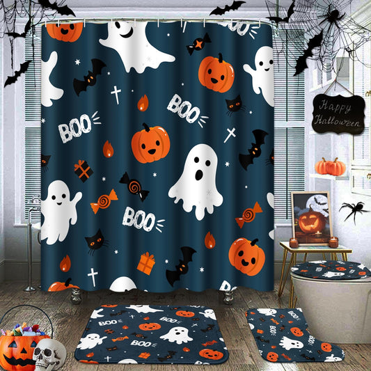 ArtSocket Fun Halloween Cute Ghosts Bathroom Set with Shower Curtain and Rugs Accessories, Pumpkins Halloween Spooky Spooky Shower Curtain for Bathroom Decor 4 Pcs