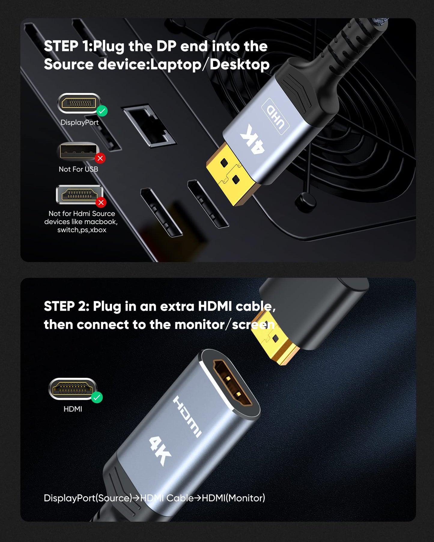 Highwings 4K Display Port to HDMI Adapter, Uni-Directional DP 1.2 Computer to HDMI 2.0 Screen, Display Port to HDMI Adapter (Male to Female), SR Anti-Break, No Latch, for Dell HP AMD NVIDIA, Passive