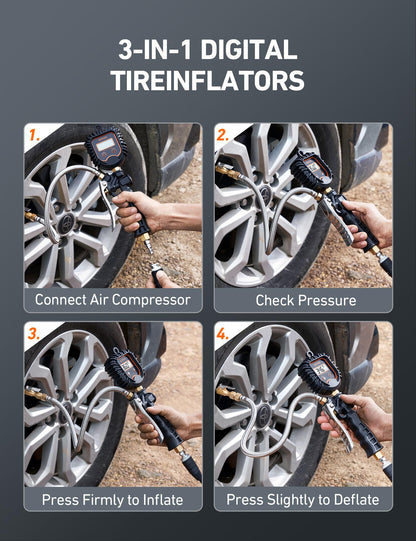 AstroAI Digital Tire Pressure Gauge, Heavy Duty Tire Inflator Gauge 250PSI Air Chuck Compressor Accessories with Stainless Braided Hose, Rotatable Dial&Quick Connect Coupler for Truck/RV/SUV