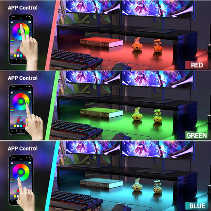 armocity Computer Desk with LED Lights, 48 Inch Reversible Large Desk with Power Outlet and USB, 48'' Gaming PC Table with Moveable Monitor Stand for Home Office, Workstation, Black