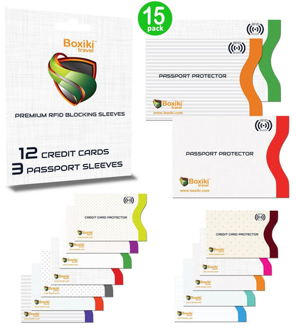 Boxiki Travel Set of 15 RFID, Set with Color Coding | Identity Theft Prevention RFID Blocking Envelopes and Passport Covers (White Collection)