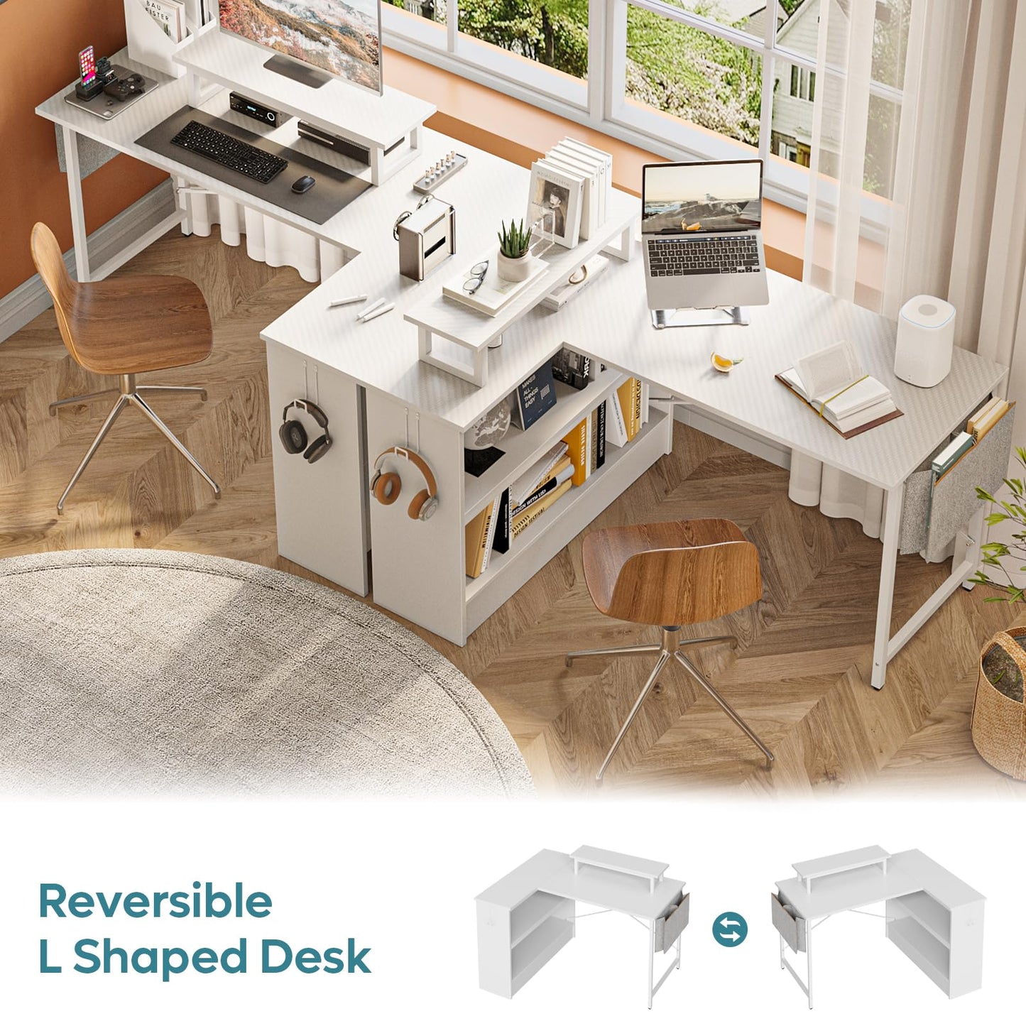 Bestier L Shaped Gaming Desk with LED Lights, 42 Inch Computer Desk with Monitor Stand & Open Storage Cabinet,Writing Study Corner Desk for Home Office Bedroom, White