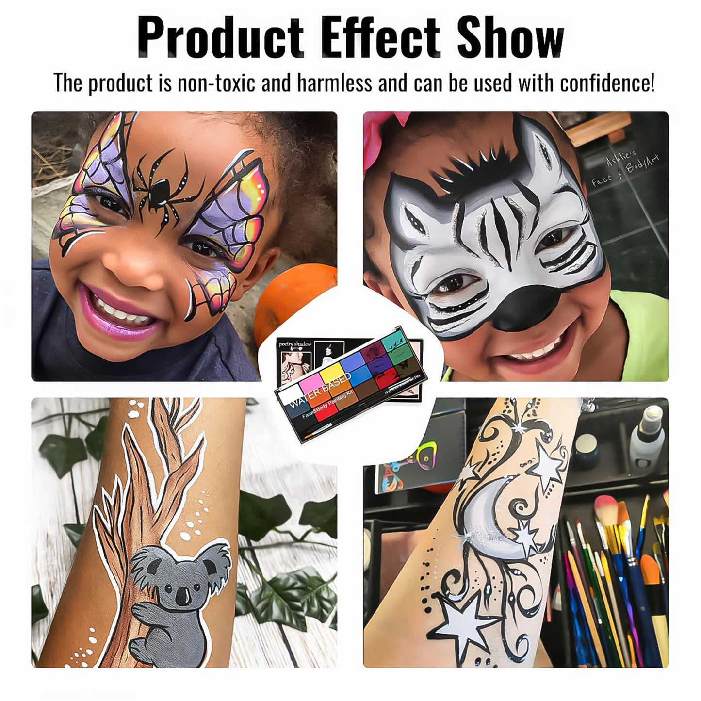 BRIMFULITE Face Painting Kit Non-toxic Body Paint Washable 18 Colors Facepaint Makeup Kit for Adults with 10 Face Paint Brushes for Halloween Party Cosplay Makeup (Color 001)