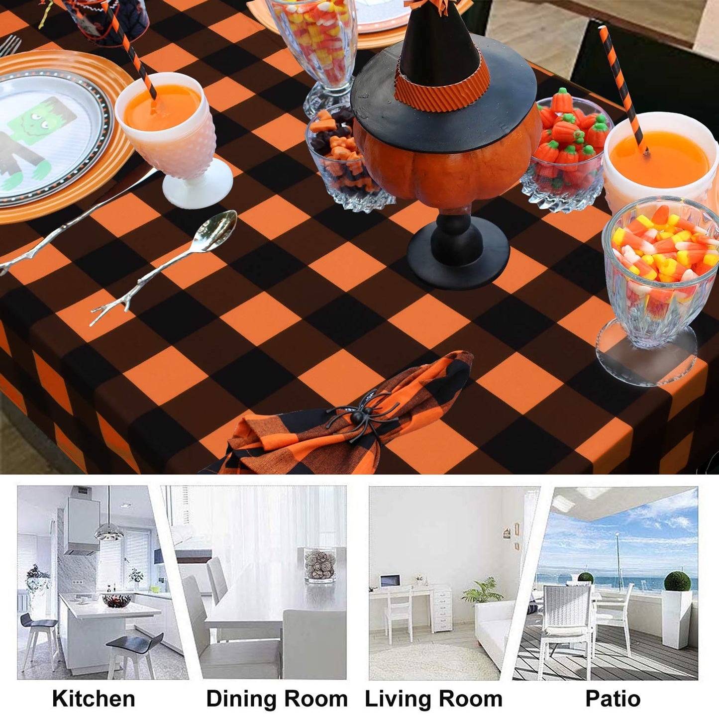 ASPMIZ Halloween Tablecloth, Plaid Checkered Table Cloth, Orange and Black Tablecloths, Machine Washable Tablecloth Rectangle for Dinner Party Decoration, 60 x 84 inch