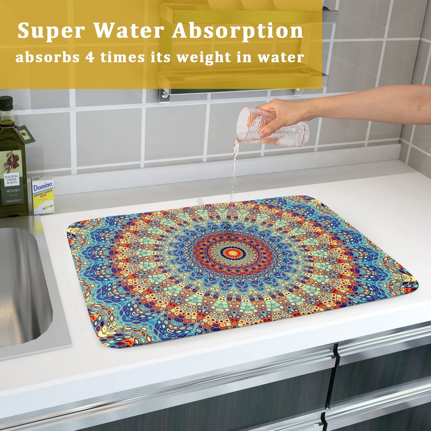 Bohemian Mandala Dish Drying Mat for Kitchen Counter Boho Ethnic Drying Mat 18 x 24 Inch with High Absorbent Reversible Microfiber Dish Drying Pad Dish Rack Pad Drainer Mat for Coffee Bar