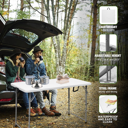 Byliable Folding Table 4 Foot Portable Heavy Duty Plastic Fold-in-Half Utility Table Small Indoor Outdoor Adjustable Height Folding with Carrying Handle, Camping and Party,White