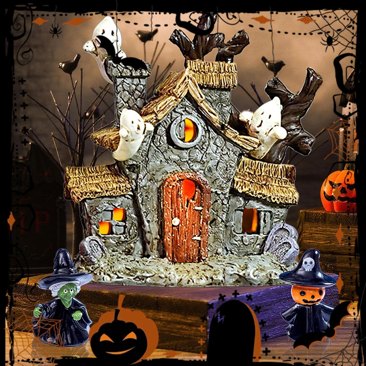 Warmtree Halloween Villages Decoration, Halloween Ghost House Resin Statue Ghosts Figurine Witch Decor for Table Outdoors Indoor Home Party Decor,5 Inch