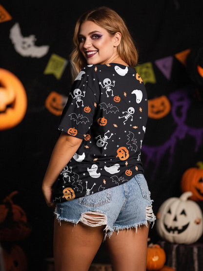 Anbech Women Plus Size Halloween Tops Pumpkin Grapchic Thanksgiving T-Shirt (Full Black, 5XL)