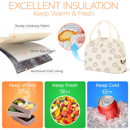 WOBAGMEN Lunch Box for Women,Smiley Lunch Bag Cute Corduroy Insulated Lunch Box With Shoulder Strap for Adult Womens for Work Picnic(smiley)