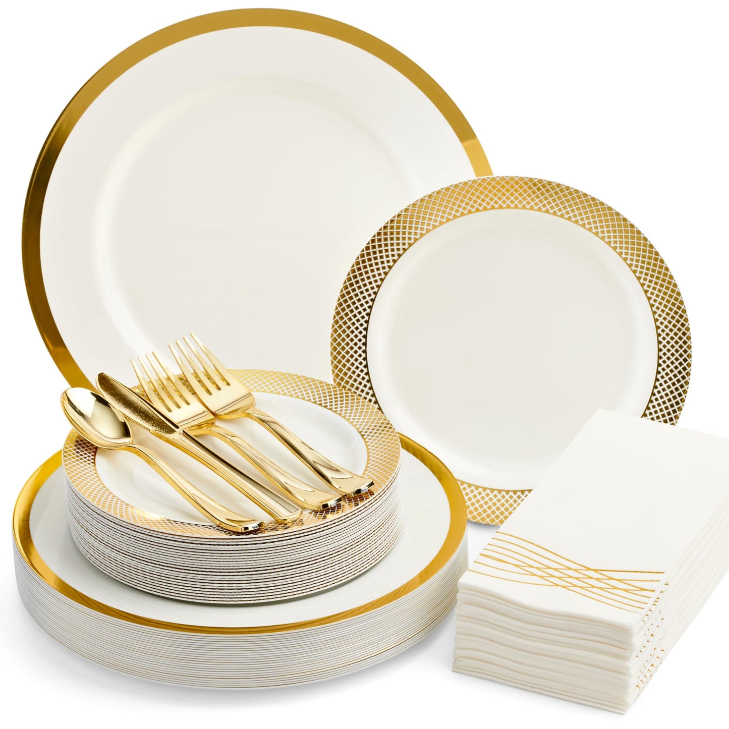 By Madee EXTRA HEAVYWEIGHT 175 Pc White and Gold Plastic Plates and Utensils Set with Linen Like Napkins – Fancy Disposable Dinnerware Set for Wedding, Bridal Showers, Special Occasion (25 Guests)