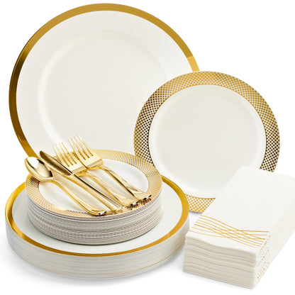 By Madee EXTRA HEAVYWEIGHT 175 Pc White and Gold Plastic Plates and Utensils Set with Linen Like Napkins – Fancy Disposable Dinnerware Set for Wedding, Bridal Showers, Special Occasion (25 Guests)