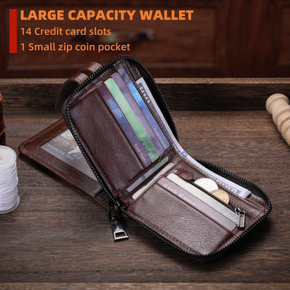 BULLCAPTAIN Genuine Leather Men's Wallet with Zipper Vintage RFID Blocking Large Capacity Wallet for Men with 14 Credit Card Slots and 1 ID Window T23 (Coffee)