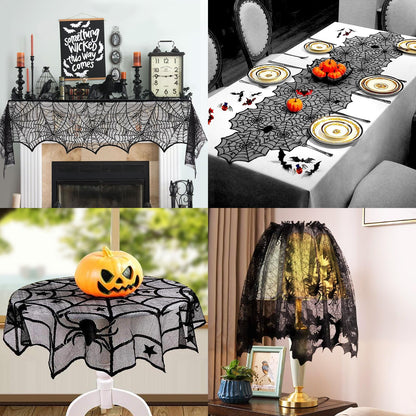 5Pack Halloween Decorations Indoor Halloween Decor Black Lace Table Runner Fireplace Mantel Scarf Round Tablecloth Cobweb Lampshade with 32 Pcs 3D Bat Wall Stickers