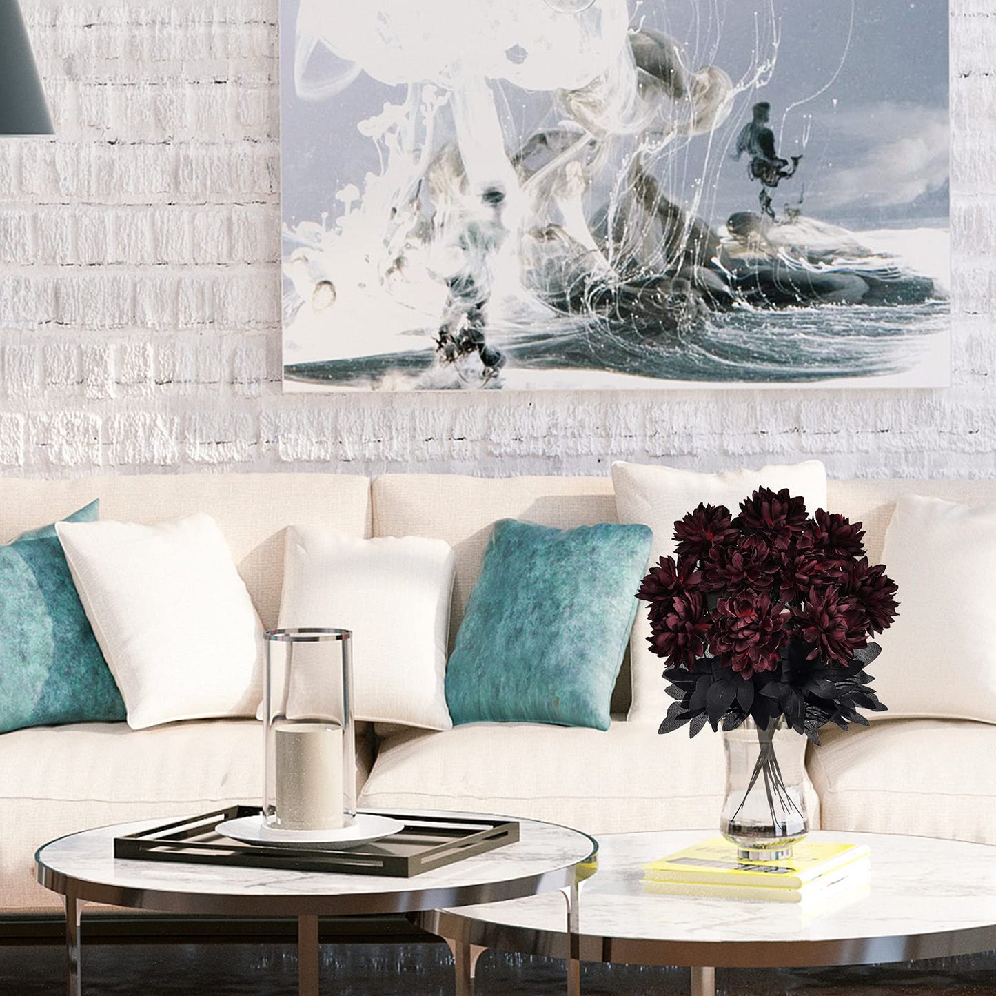 Artflower 10 Pack Artificial Silk Dahlia Bouquet with Long Stem, 16” Wine Red Fake Flower Floral Arrangements Wedding Bridal Bouquet for Halloween Harvest Festival Table Centerpieces Home Decor