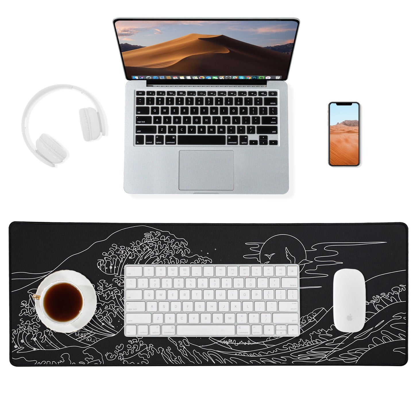 ALOANES Waterproof Mouse Pad, XL Gaming Keyboard Pad with Anti-Slip Base, Grain Jacquard Surface, Extend Desk pad for Gamer, Office & Home, Sea Wave Mousepad 31.5''x 11.8''x 0.12''
