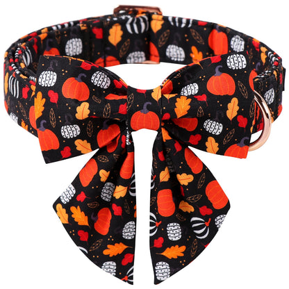ARING PET Halloween Dog Collar with Bow, Cotton Autumn Black Pumpkin Orange Sailor Bowtie Collars with Metal Buckle for Puppy Small Medium Large Girl Boy Dogs Pets-S