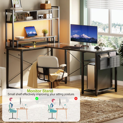 Besiost Small L Shaped Gaming Desk with Power Outlets, 48" Reversible L Shaped LED Computer Desk with Monitor Stand & Storage Shelf, Corner Gamer Desk Home Office Desk with Storage Bag, Black Oak
