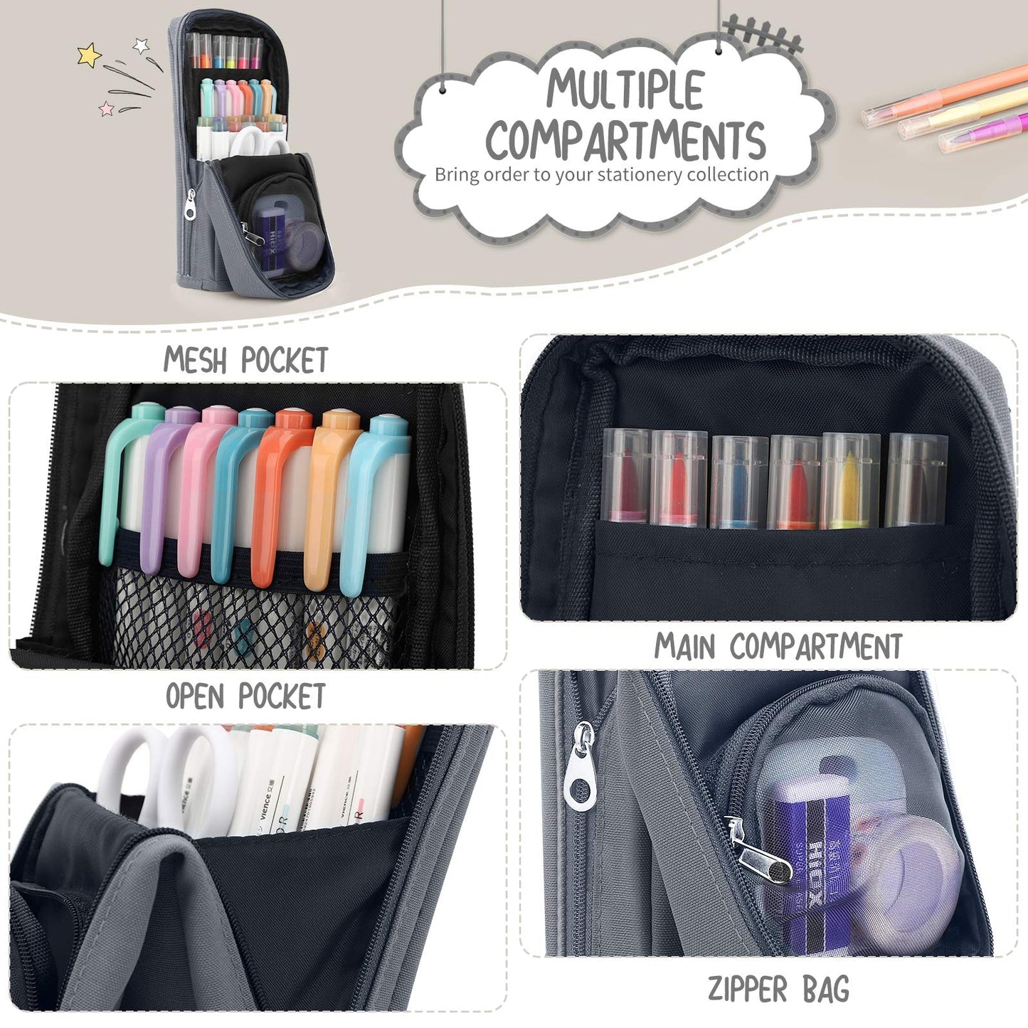 Housolution Standing Pencil Case Large Capacity Pen Bag, Multi-Layer Pen Pouch Pencil Holder Stationery Organizer, Polyester Pencil Bag Storage Box Desk Organizer, Gray