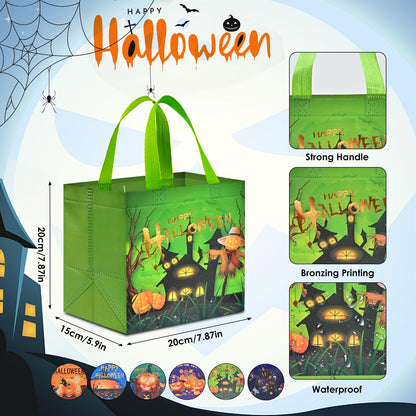 AhfuLife 12 Pcs Halloween Trick or Treat Bags, Candy Tote Bags with Handles, Reusable Non-Woven Gift Bag for Halloween Party Supplies Favors (7.8×7.8×5.9’’)