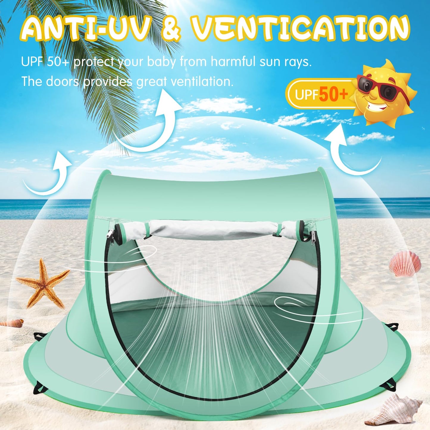 Baby Beach Tent,Large Pop Up Beach Tent Sun Shade for Beach,Portable Baby Travel Tent with Mosquito Net,Indoor Baby Play Tent,UPF 50+ UV Protection Sun Shelters