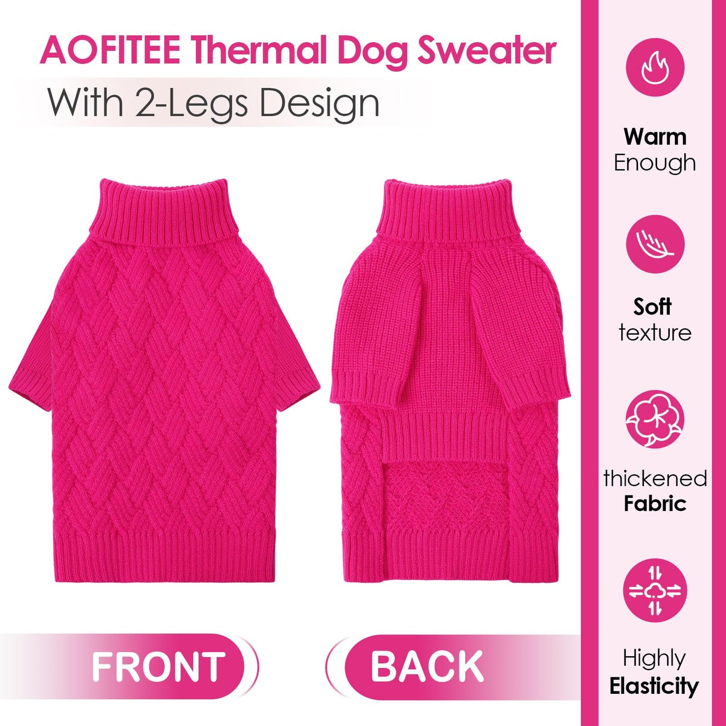 AOFITEE Dog Sweater, Turtleneck Dog Sweaters for Small Dogs Female, Dogs Winter Sweaters Girl Boy, Small Pet Christmas Sweater, Classic Cable Holiday Knitwear for Pug Dachshund (Rose Red, S)