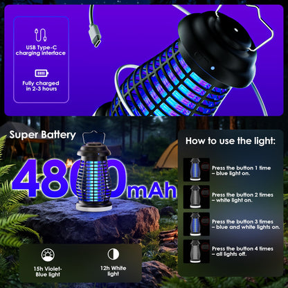 Bug Zapper Outdoor & Indoor Cordless Mosquito Zappers with Rechargeable 4800mAh Battery & Camping Light Electric Fly Trap for Patio, Kitchen, Backyard and Garden Portable Gnat Killer