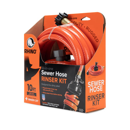 Camco RhinoFlex 10-Ft RV Clean-Out Gray/Black Water Hose with Rinser Cap | Features 4-Way Water Pressure Blaster & Water Shut-off Valve | Great for Cleaning Camper Black Water Tanks & More (22999)