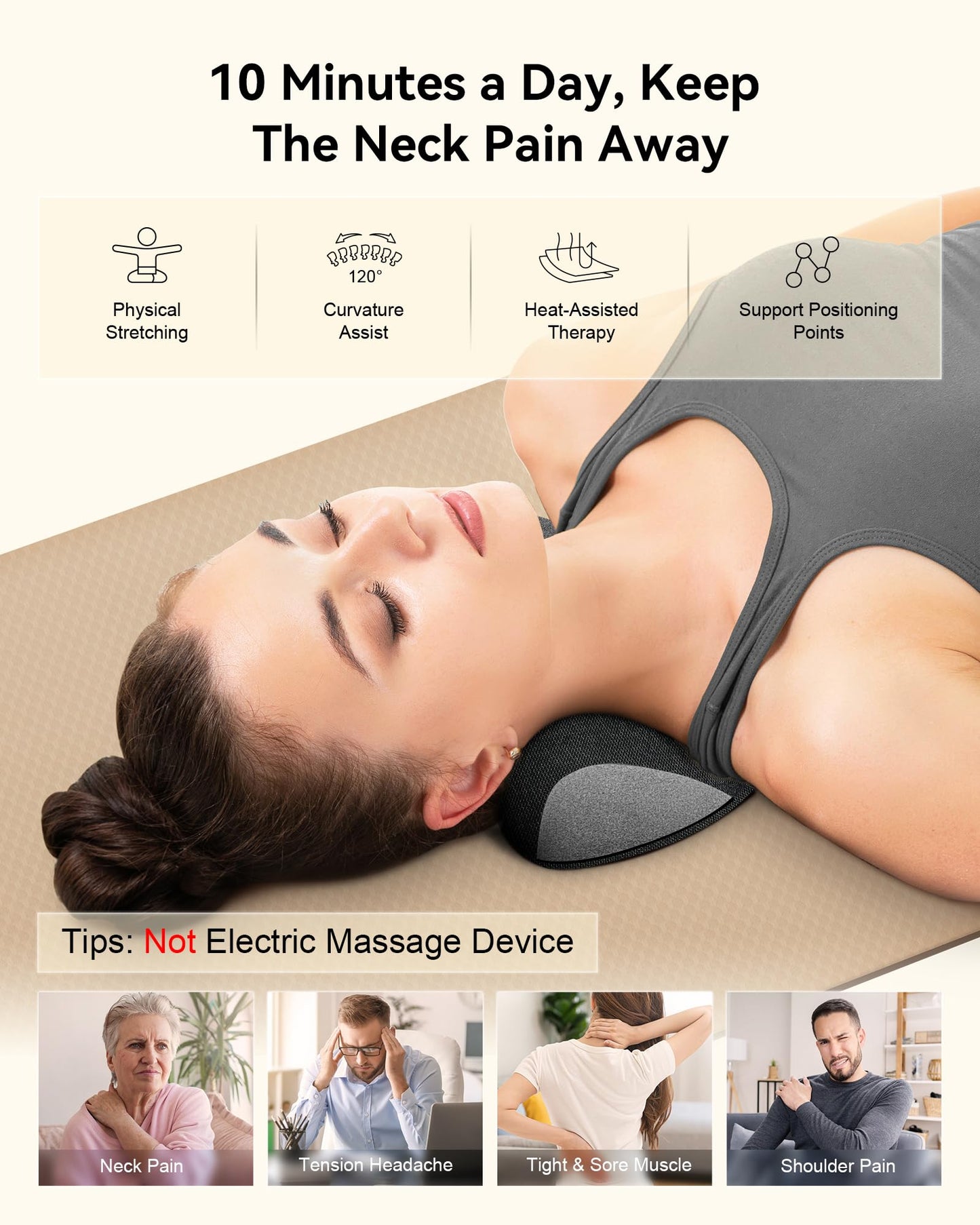 BETOVIN Heated Neck Stretcher for Pain Relief - Neck and Shoulder Relaxer Graphene Heated Cervical Traction Device Neck Pillow Corrector Chiropractic for TMJ Pain Relief Black Medium