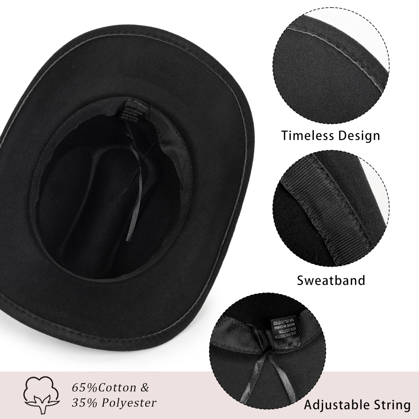 Women & Men Felt Western Cowboy Hat Classic Roll Up Brim Belt Buckle Cowgirl Fedora (M)