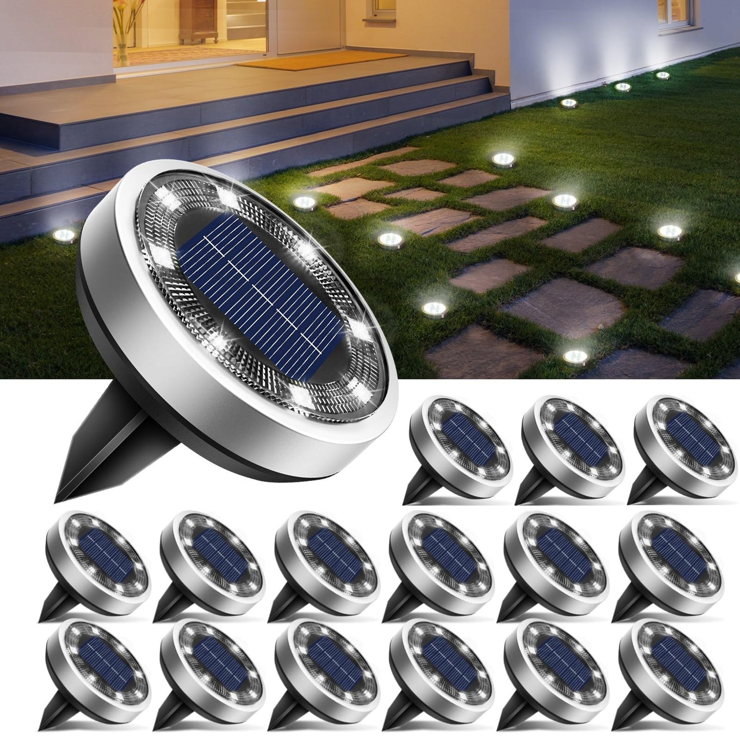 btfarm 16 Pack Solar Ground Lights Outdoor, 8 LED Solar Disc Lights IP65 Waterproof Flat Solar Light, Pathway Lights Solar Powered for Garden Lawn Patio Yard Path Landscape, Cool White