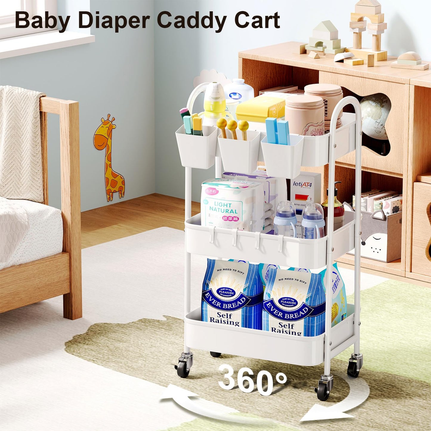 3 Tier Heavy Duty White Metal Rolling Cart with Lockable Wheels, Three Tier Roller Book Snack Cart, Utility Storage Organizer Carts for Kitchen, Bathroom, Garage, Baby Diaper, Craft, Art, Teacher