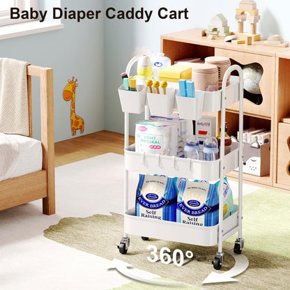 3 Tier Heavy Duty White Metal Rolling Cart with Lockable Wheels, Three Tier Roller Book Snack Cart, Utility Storage Organizer Carts for Kitchen, Bathroom, Garage, Baby Diaper, Craft, Art, Teacher