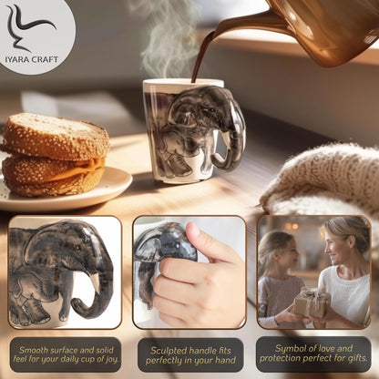 IYARA CRAFT 3D Elephant Mug 11oz – Chubby Handle Design, Handmade Ceramic, Microwave & Dishwasher Safe, Wildlife Coffee Cup, Gift for Animal Lovers, Women, Tea & Hot Chocolate