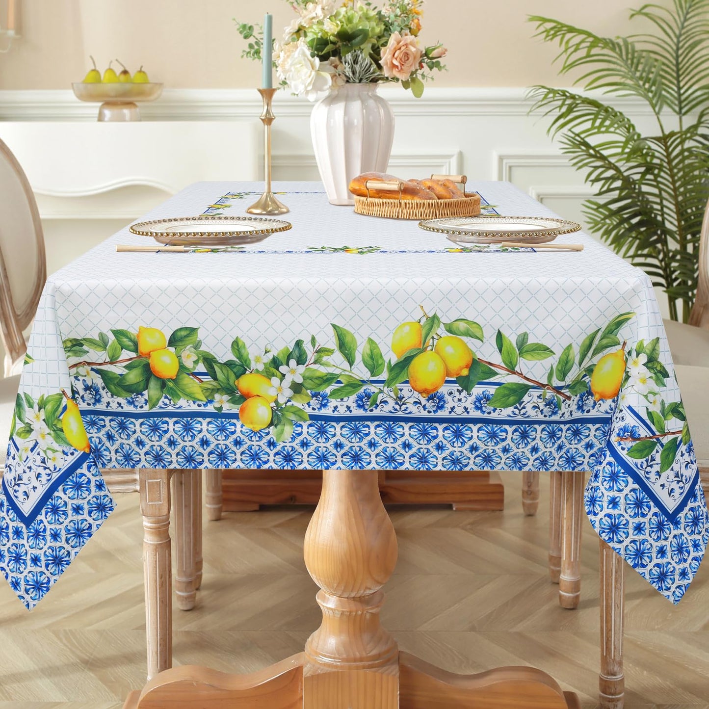 Arquiel Spring Summer Tablecloth 60×84 inch, Waterproof Blue Lemon Table Cloth Washable, Stain Resistant Cloth Table Cover for Party Picnic Dinner Decor (Lemon)
