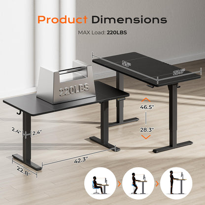 Huuger 55 x 28 Large Electric Standing Desk, Height Adjustable Computer Desk, 27.6" Deep Desktop, Stand up Gaming Office Table with 2 Hooks, 3 Preset Heights, for Home Office, Black