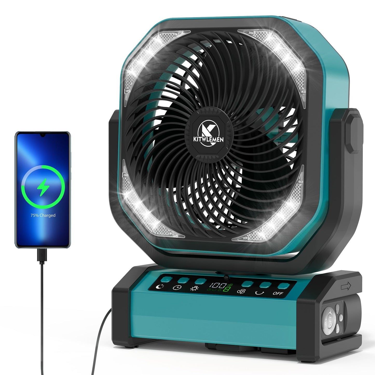 Camping Fan with Light - 20000mAh Rechargeable Battery Fan, 112Hrs Max Run Time, 8 Speeds, Digital Display, Timer, Auto Oscillation, 270° Pivot & Hook for Camping, Power Outage, Hurricane (Blue)