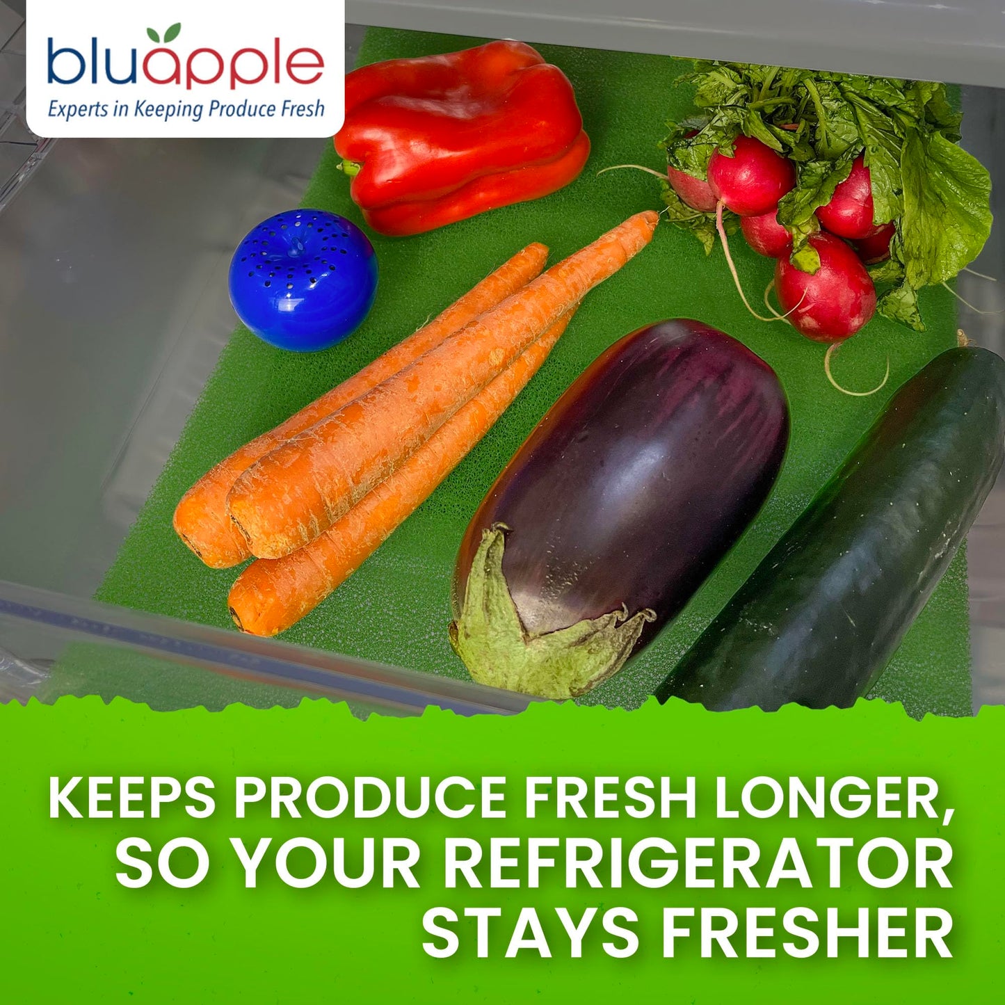 Bluapple FreshMats - Refrigerator Bin Liners, Fridge Drawer Mats - Keeps Produce Fresh Longer, Prevents Bruising, Promotes Air Circulation - BPA-Free Polyurethane Foam - (4-Piece Set, 12"x15", Green)