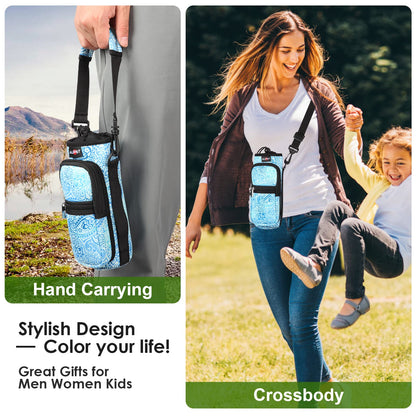 AUPET Water Bottle Sling Bag Sleeve Holder Carrier 25/32/40/64 oz,Insulated Crossbody Water Bottle Case Cover with Strap and Pockets for Men/Women Walking Hiking Camping (25oz, blue feather)