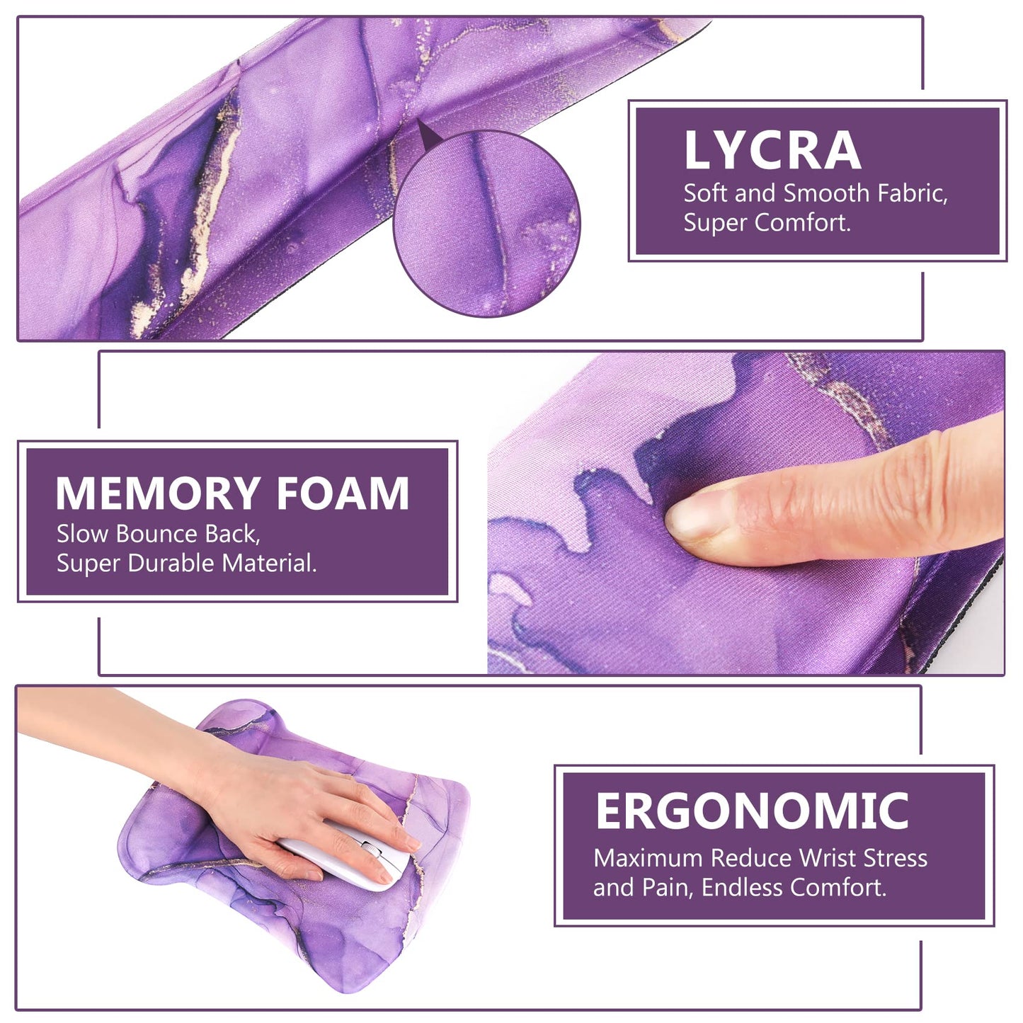 AIMSA Ergonomic Keyboard Wrist Rest and Mouse Pad with Wrist Support Set, Memory Foam Non-Slip Rubber Base, for Home, Office, Easy Typing, Pain Relief, Purple Marble