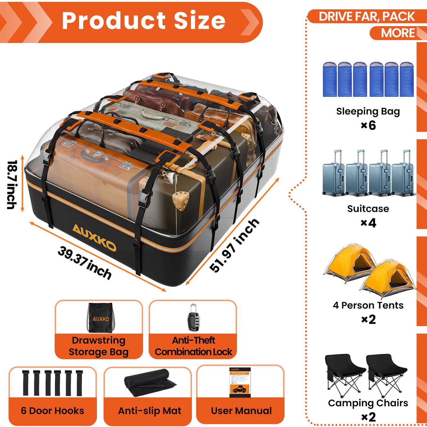 AUXKO 22 Cubic Ft Waterproof Rooftop Cargo Carrier Bag for All Vehicles with/Without Roof Rack, Soft Shell Car Roof Bag with Reflective Strip Includes Anti-Slip Mat, 6 Door Hooks & Combination Lock