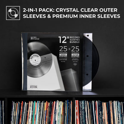 BIG FUDGE Vinyl Record Inner & Outer Sleeve Bundle - 12" x 25pcs High-Density Polypropylene Outer Sleeve Album Covers & 12" x 25pcs Archival Anti-Static Rice Paper LP Inner Sleeves
