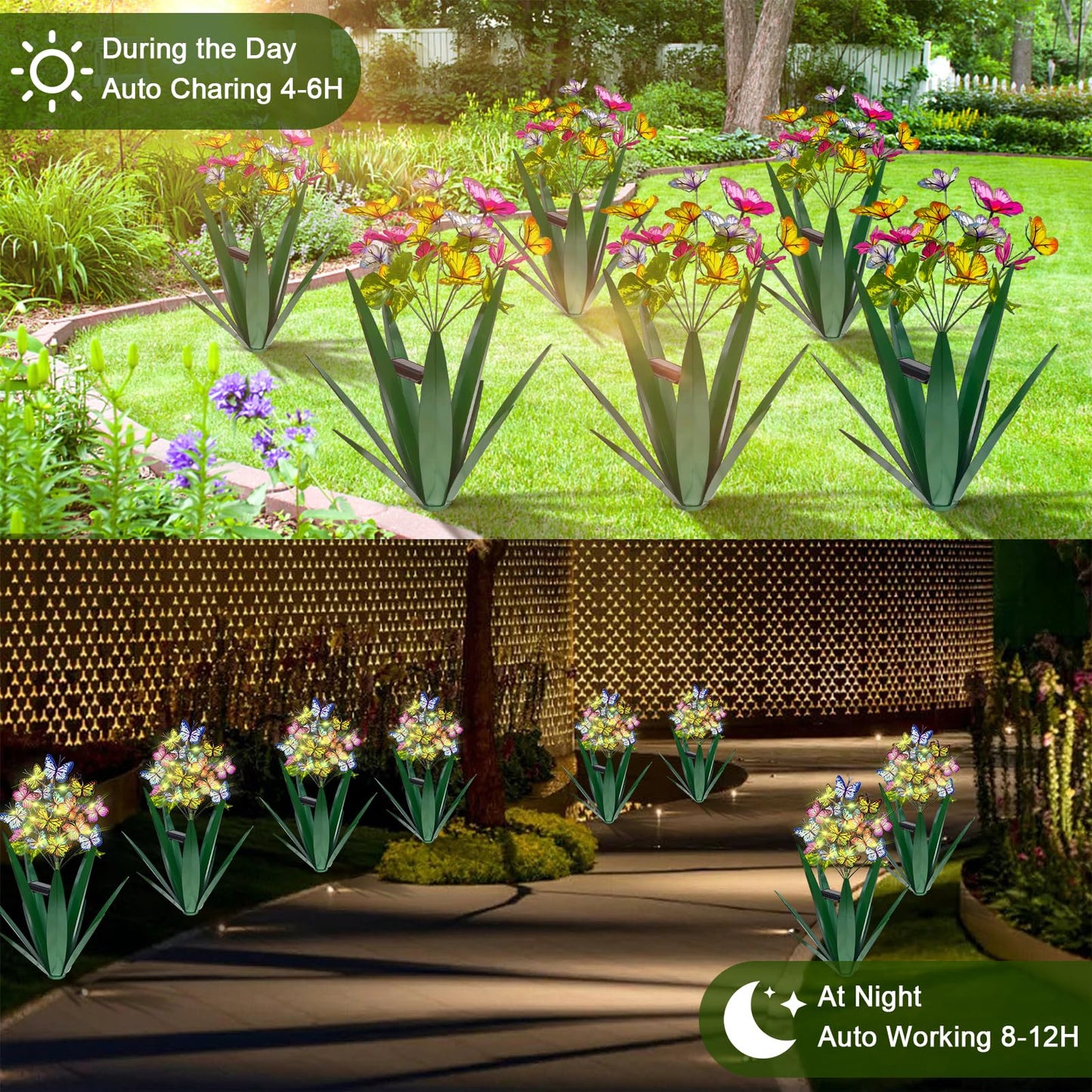 Homight Solar Metal Agave Butterfly Flower Stick Garden Sculpture - Outdoor Christmas Lights With Swaying Butterfly Sunflower - Solar Outdoor Gift (3 PCS Green)
