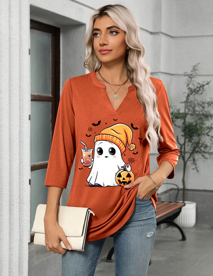 Zeagoo Tunic For Women 3/4 Sleeve Tops Halloween Thanksgiving V Neck Shirts Orange Spooky XXXL