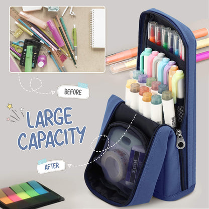 Housolution Standing Pencil Case Large Capacity Pen Bag, Multi-Layer Pen Pouch Pencil Holder Stationery Organizer, Polyester Pencil Bag Storage Box Desk Organizer, Blue