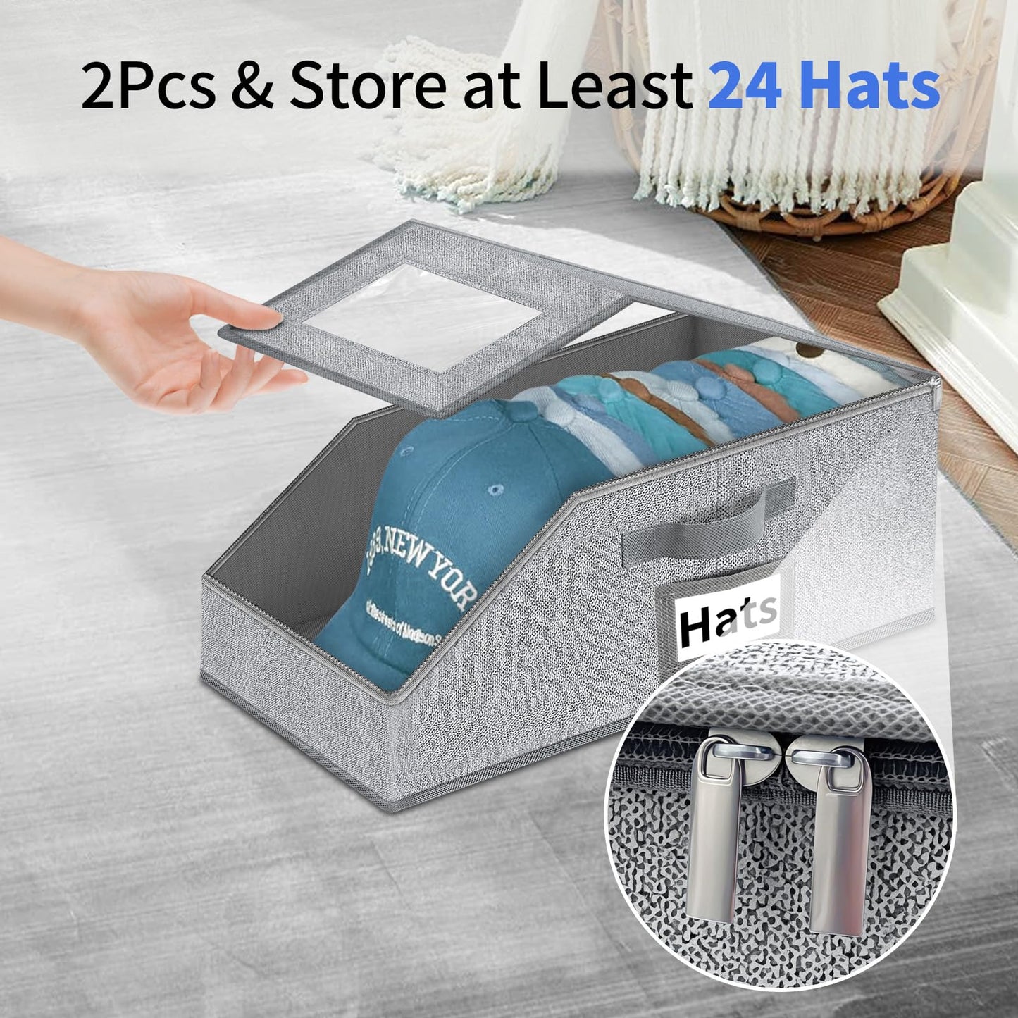 Hat Organizer for Baseball Caps - 2PCS Stackable Cap Storage with Clear Lid, Drawer & Flip-Top Access, Space-Saving Hats Box for Closet, Breathable Fabric, Grey