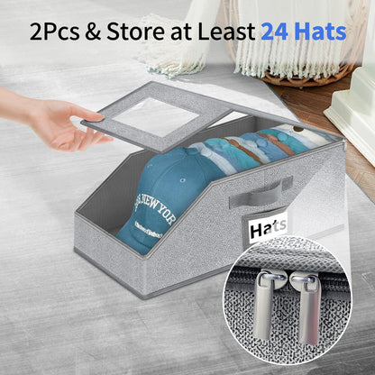 Hat Organizer for Baseball Caps - 2PCS Stackable Cap Storage with Clear Lid, Drawer & Flip-Top Access, Space-Saving Hats Box for Closet, Breathable Fabric, Grey