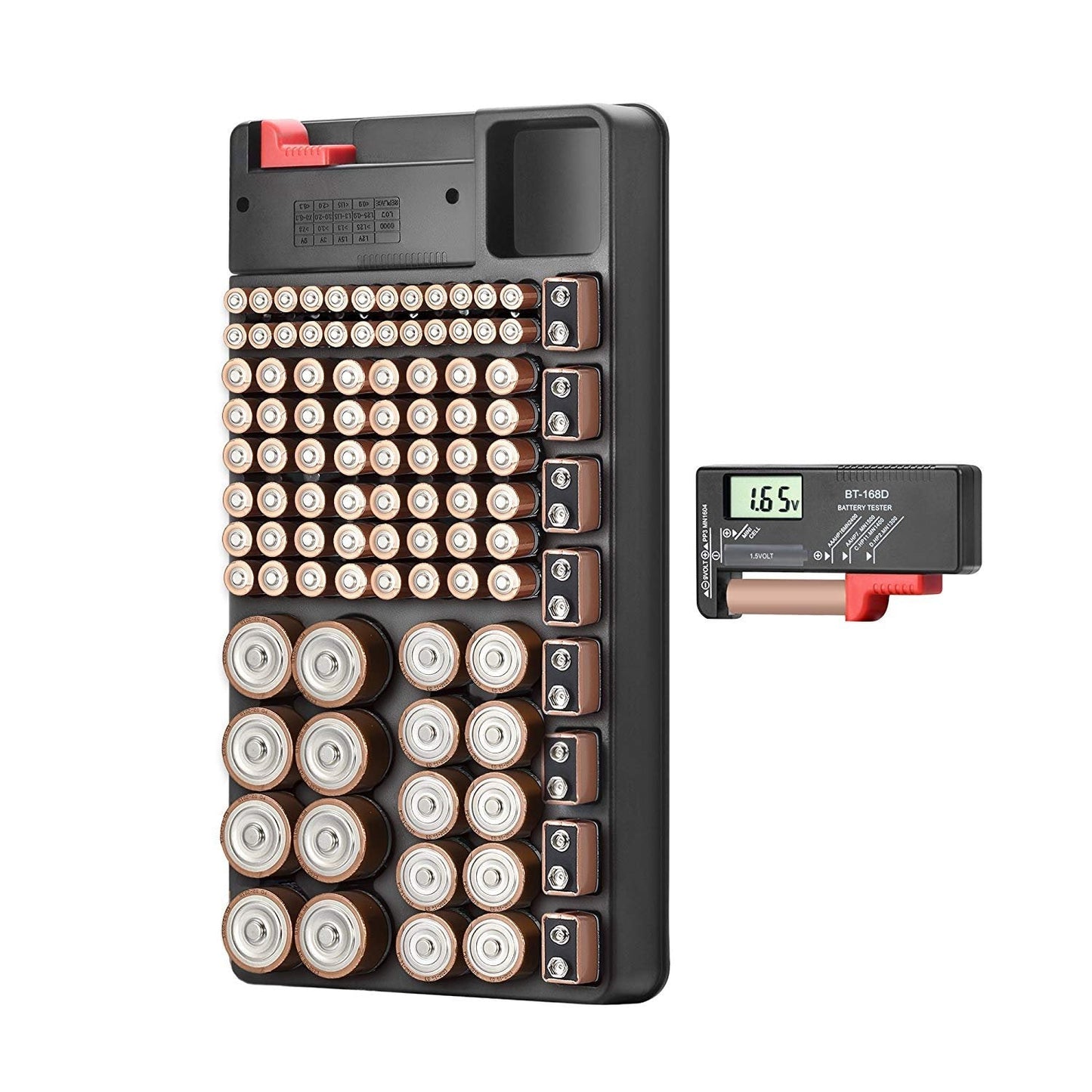 Battery Organizer Storage case with Battery Tester for AAA AA C D 9V and Button Batteries Storage Box Holds 110 Batteries Various Sizes with Removable Digital Battery Tester