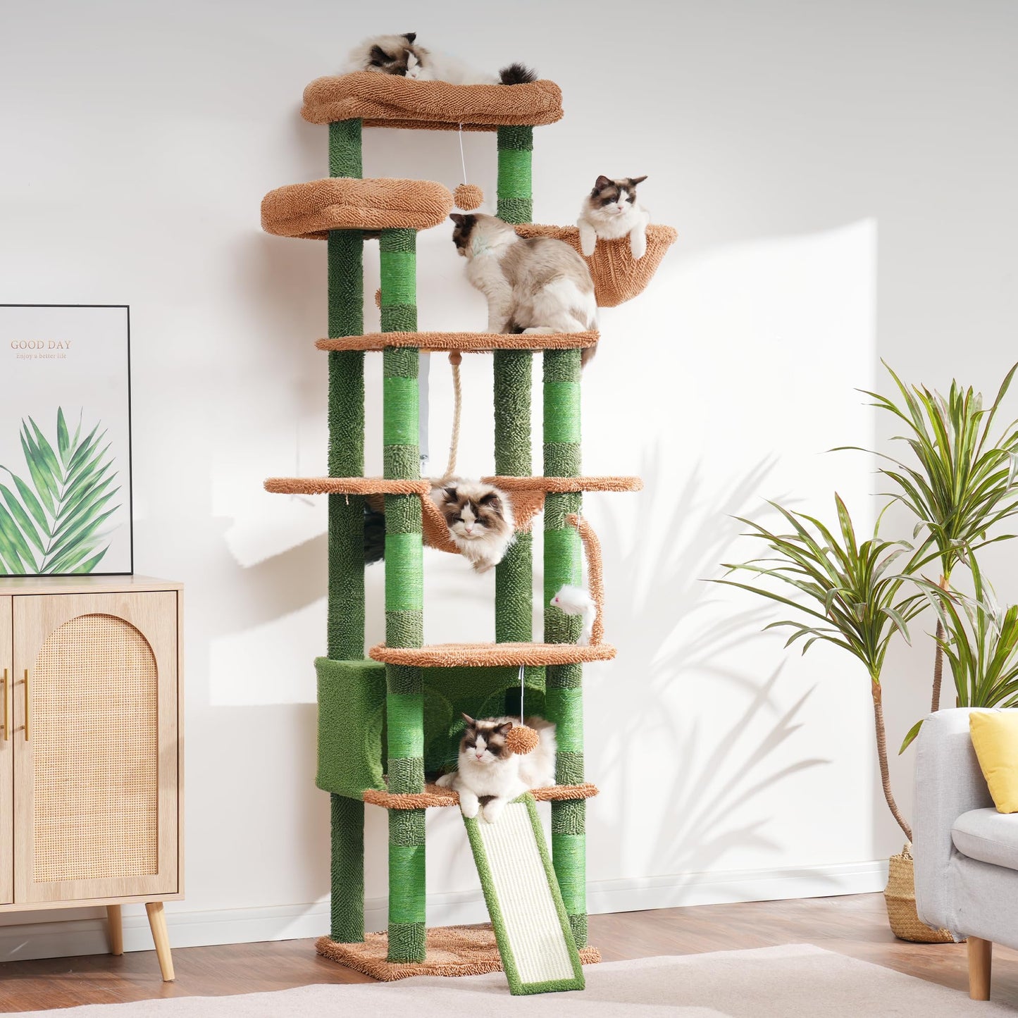 Heybly Tall Cat Tree,78 inch Multi-Level Cat Tower for Indoor Cats,2 Widened Plush Perches Cat Condo with Scratching Board and Big Caves HCT033CA